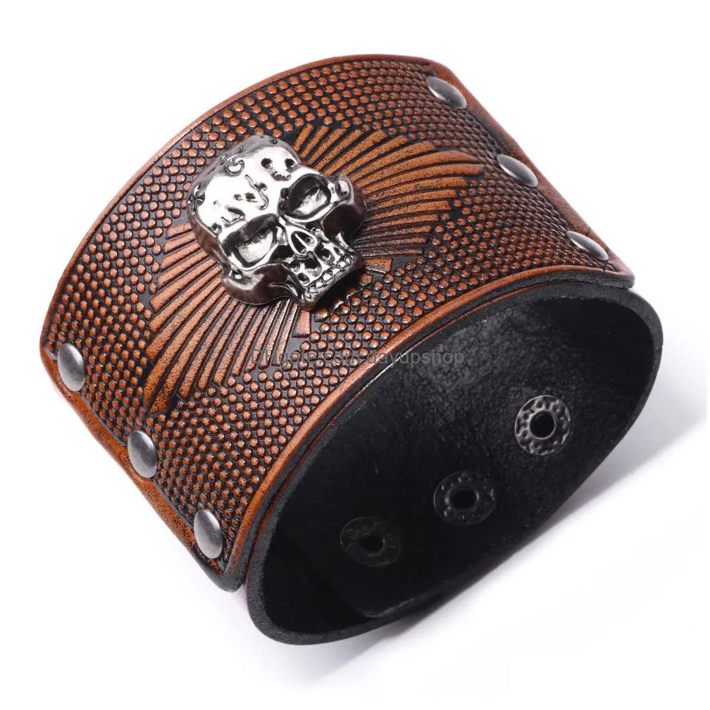 steampunk style skull charm leather cuff bracelets for men gift