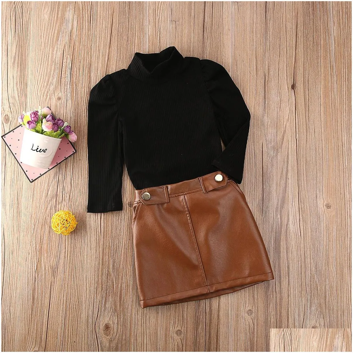 2021 est toddler baby girls kids turtleneck long puff sleeve sweater tops add leather pencil skirt 2pcs outfit clothes set 201031