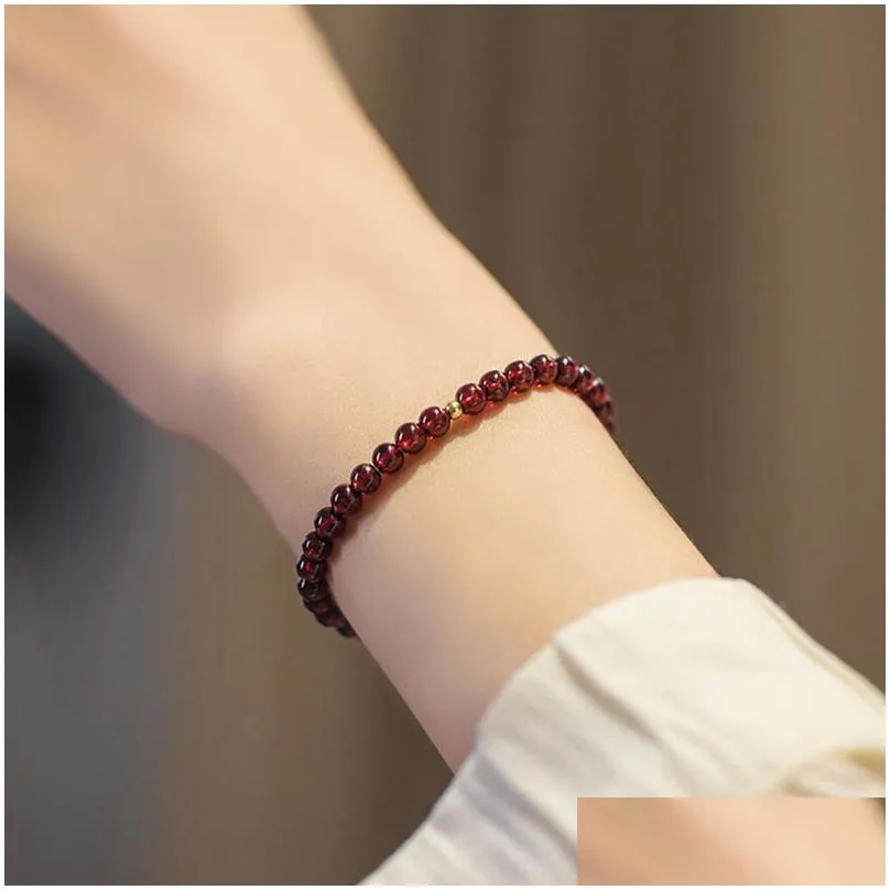 natural garnet 4-6mm round bead bracelet with 3mm 18k gold filled ball for lady jewelry accessories adjusted with elastic string ready stock dropshipping 2pcs a