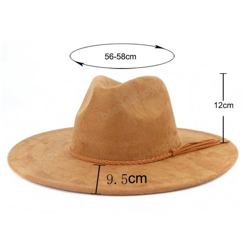 Classical Suede 9.5CM Wide Brim Fedora Hat For Women Men Church Jazz Hats Wedding Decorate Formal Dress Ca