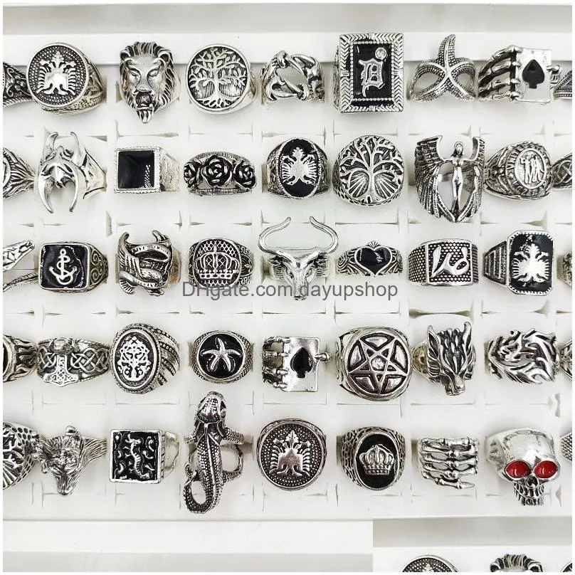 wholesale 50pcs/lot punk gothic crown ag rings for men and women mix styles black glaze antique silvery vintage jewelry gift alloy