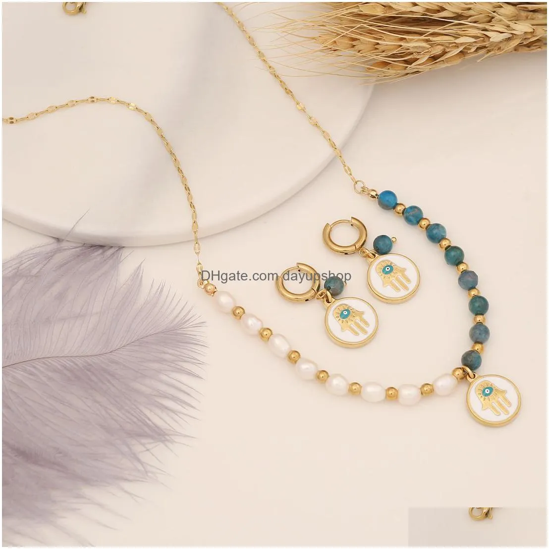 beautiful natural stone white pearl necklace fatima hand evil eye pendant necklaces bracelet earring jewelry