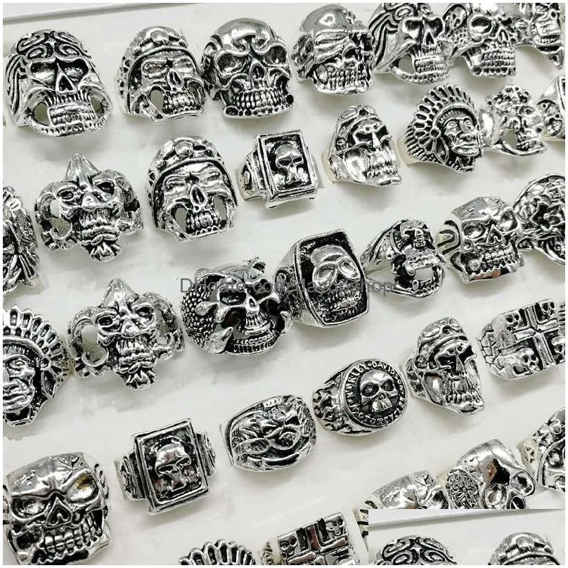 newest punk style 20pcs/lot silver skull band rings mix skeleton big sizes mens women metal jewelry gifts