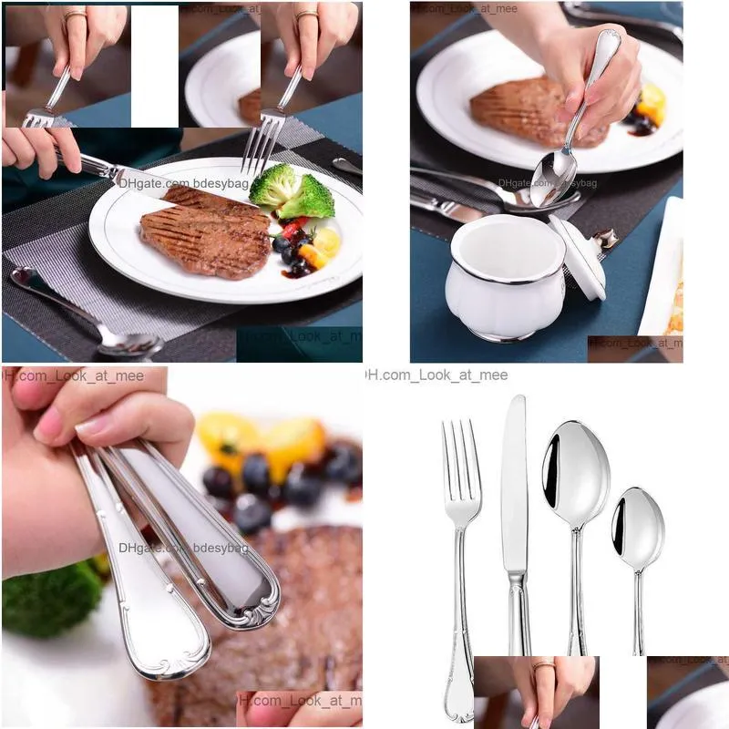 high quality shiny dinnerware set 18/10 stainless steel mirror silver cutlery set 304 flatware for 6drop ship q230828