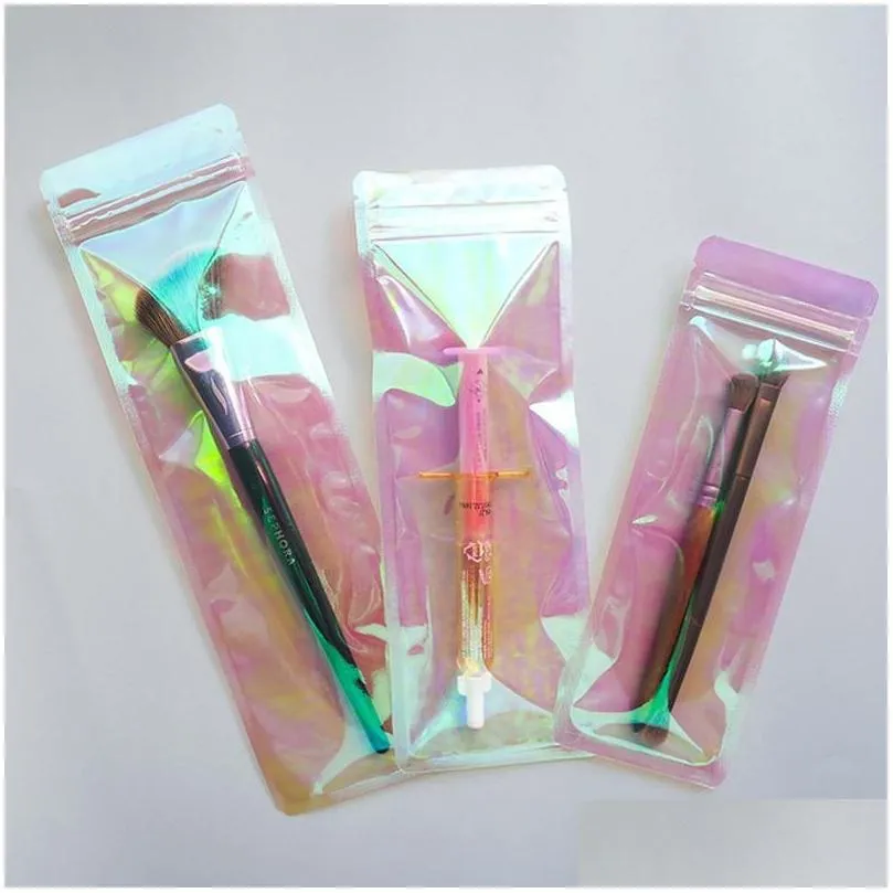 wholesale long shape rainbow pink self seal bag iridescent clear lipgloss packaging bags cosmetic plastic laser zipper bag