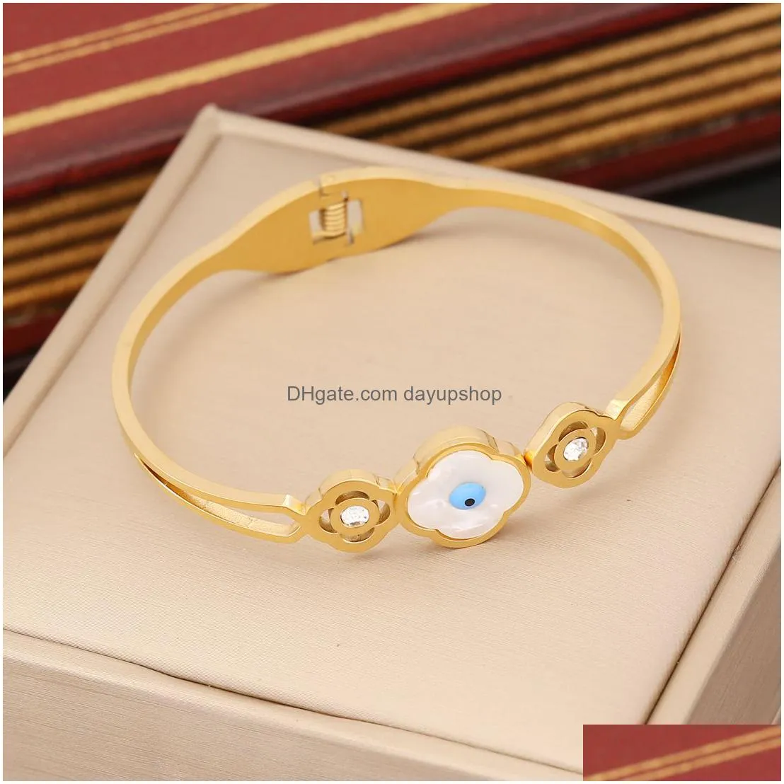 luxury brand 18k gold evil eye clover bangle ins style stainless steel bracelet for women gift