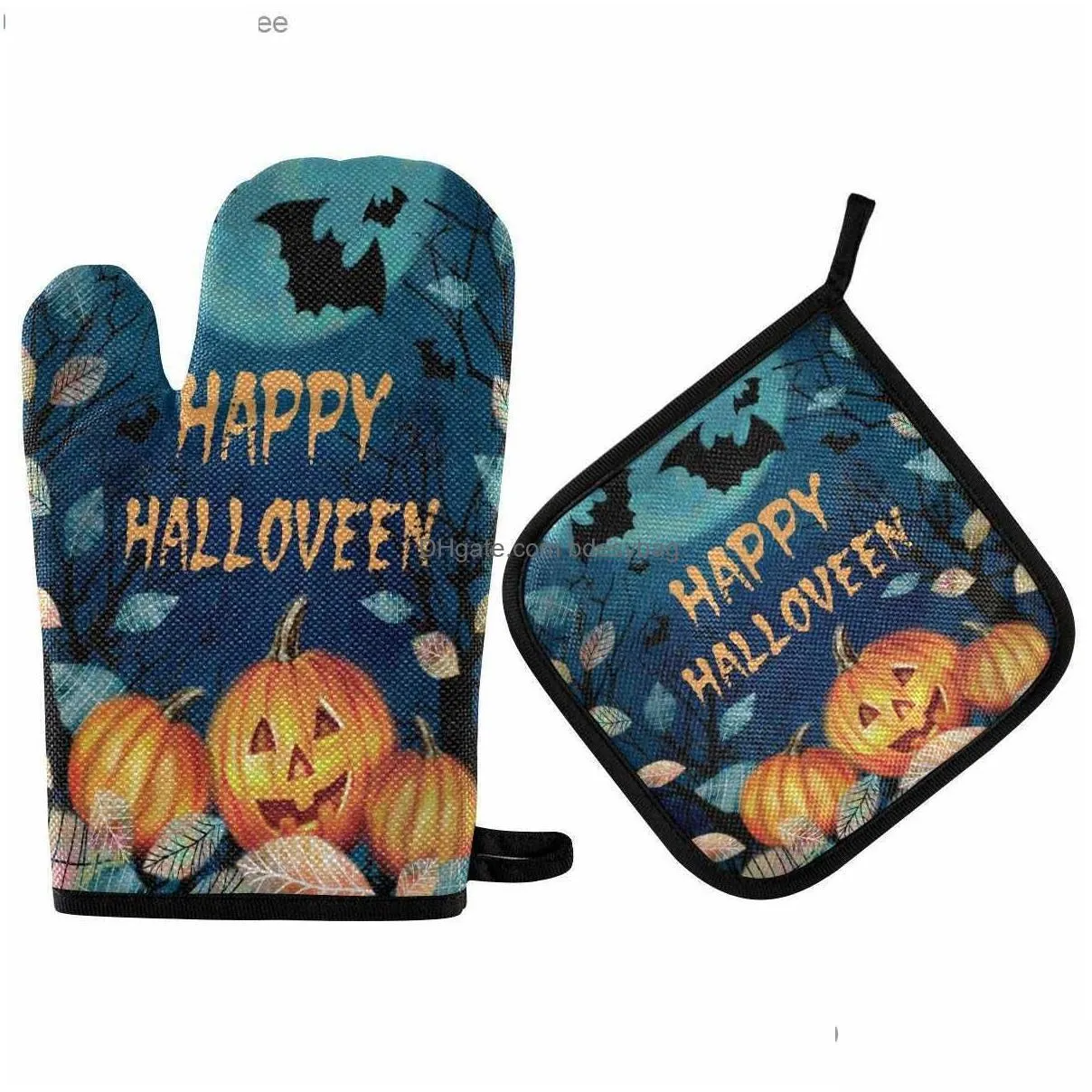 halloween jack oven gloves and pot rack set cartoon pumpkin heat resistant and non slip kitchen oven gloves heat pad z230810