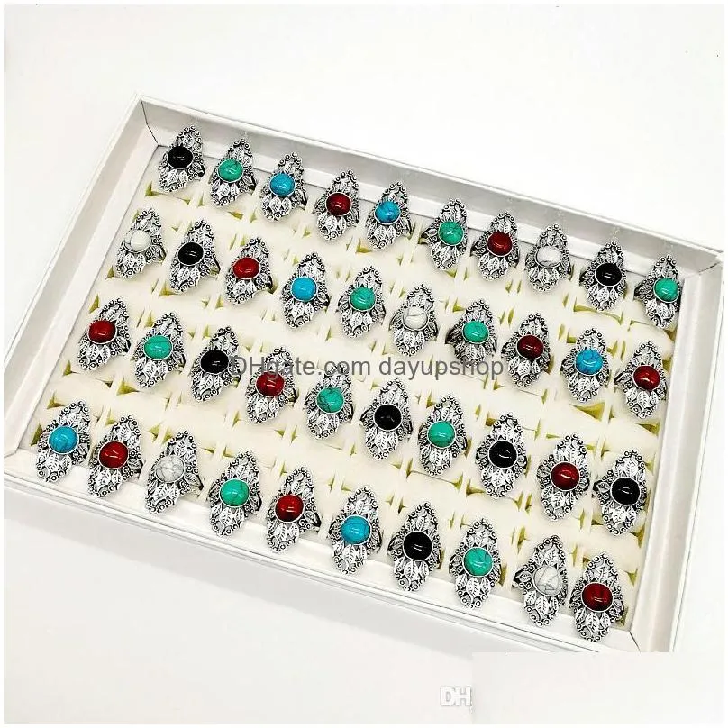 fashion 100pieces/lot turquoise ring mix style large size antique silver punk diy vintage jewelry fit womens men gifts