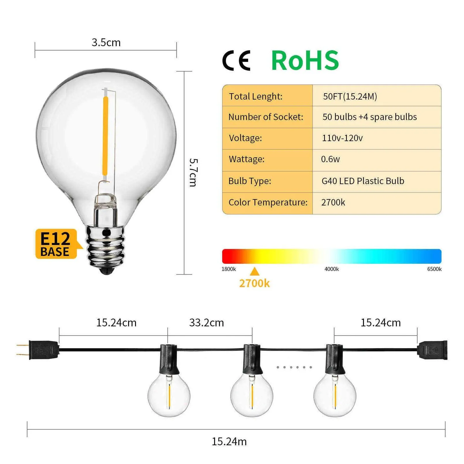 G40 Outdoor String Lights Globe Patio Lights LED String Light Connectable Hanging Lights for Backyard Porch Balcony Party Decor 21269T