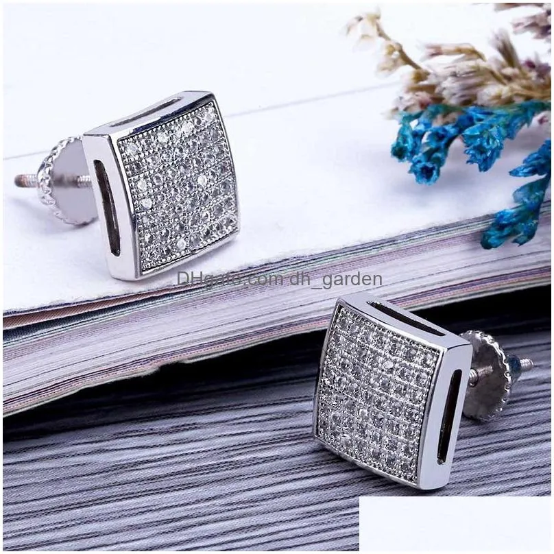 mens hip hop stud earrings jewelry fashion gold silver simulated diamond square earring for men