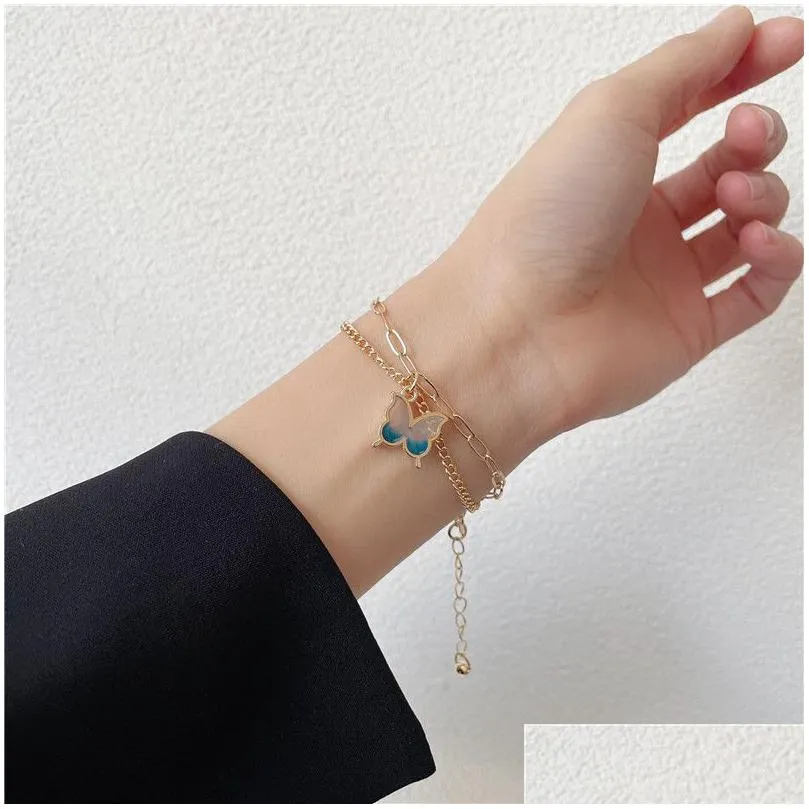 butterfly bracelet gradient ramp double layer chain simple generous feminine full colour animal charm pendant bangle alloy