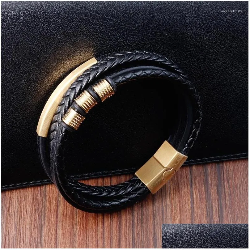 charm bracelets luxury classic multi-layer style hand-woven winding stainless steel mens leather bracelet with magnet clasp for