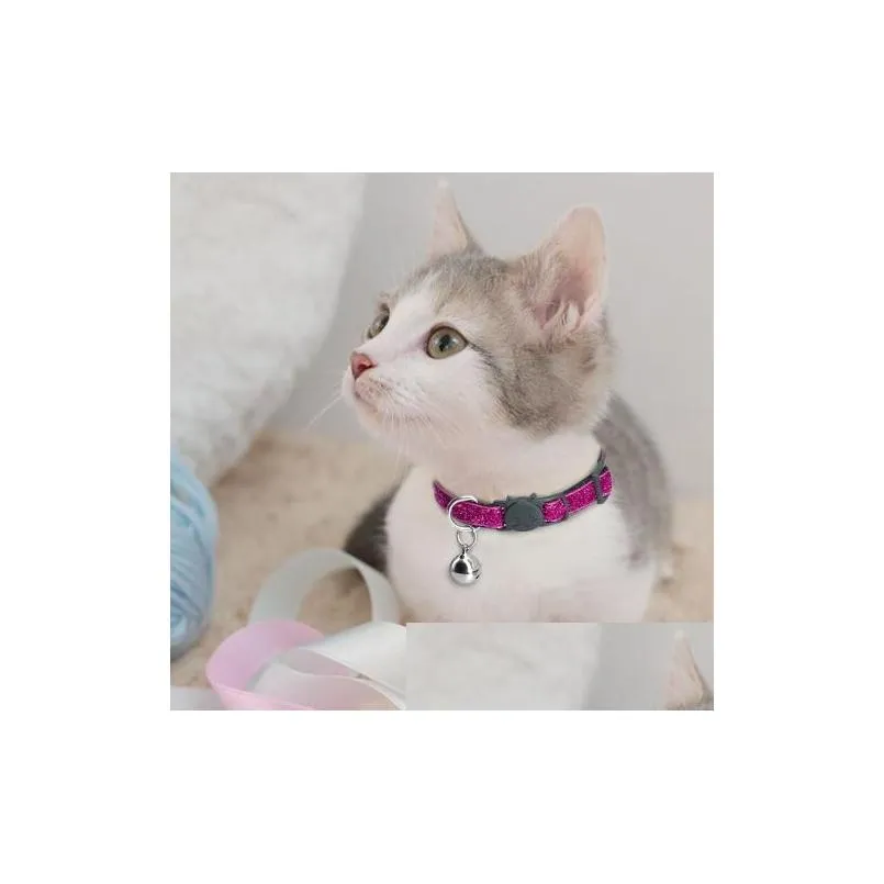 Free Shipping Wholesale Quick Release Kitten Cat Collar Bling Sequins Puppy Dog Collars With Cute Bell Safety for Kitten Dog