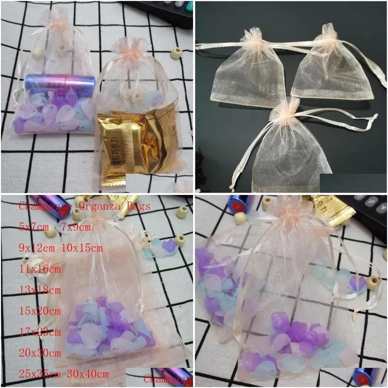 champagne jewelry drawstring bags organza gift pouches spices/coffee christmas/wedding/gift packing 7x9 9x12 10x15cm pouches 