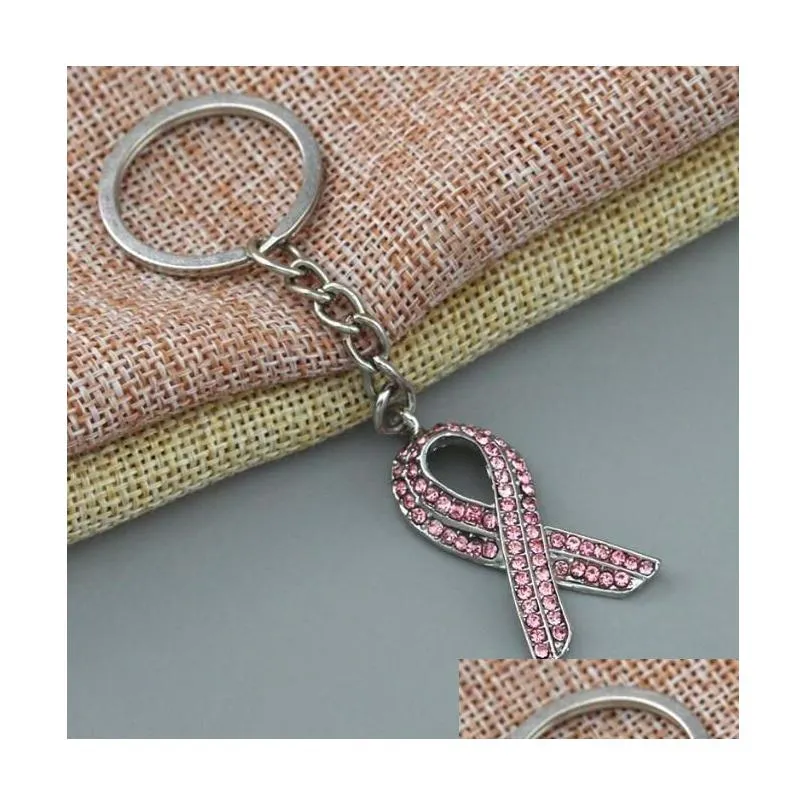 public advertising breast cancer awareness keychains macrame pink caring for sign ribbon keychain women man car key bag decoration