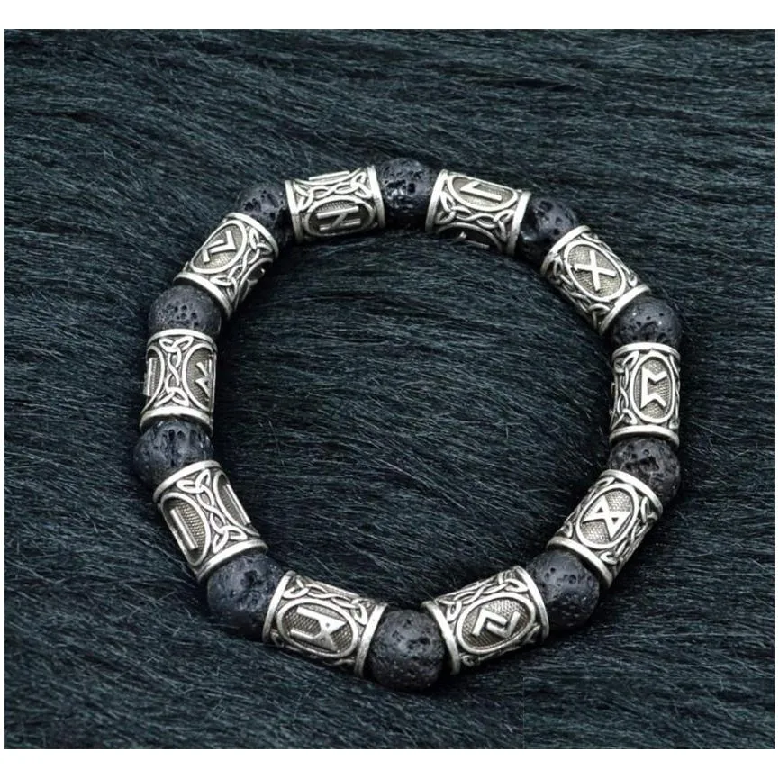 Charm Bracelets Natural Black Bracelet Trendy Retro Alloy  Rune Lava Stone Beads For Men Women Bangle Jewelry Personality