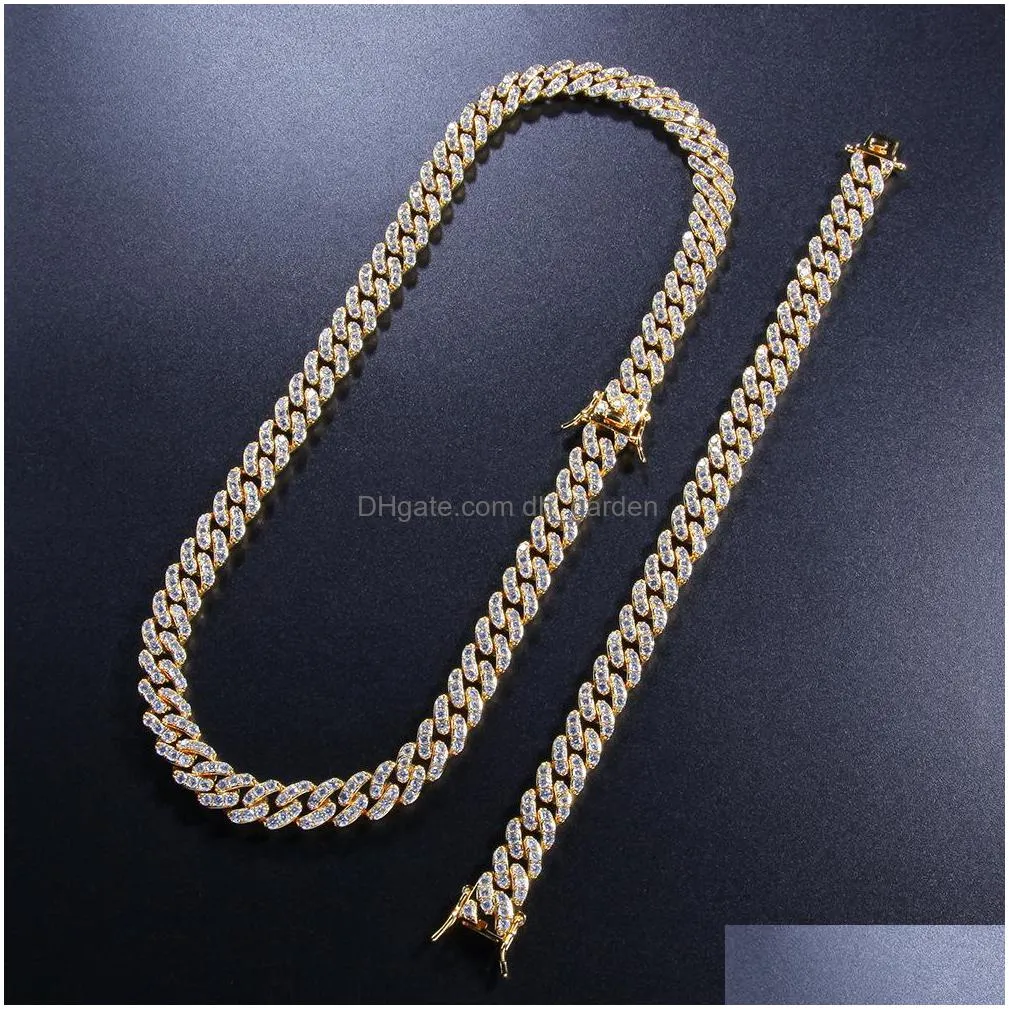 iced out  cuban link chain silver mens gold chains necklace bracelet fashion hip hop jewelry 9mm