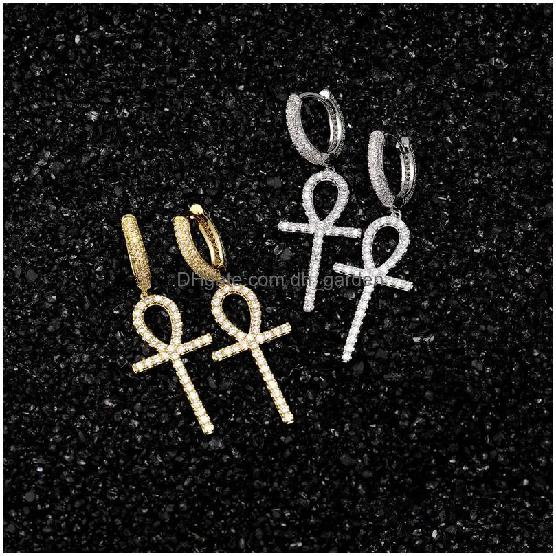 ankh key dangle earrings hip hop jewelry gold silver fashion mens diamond zircon cross earring