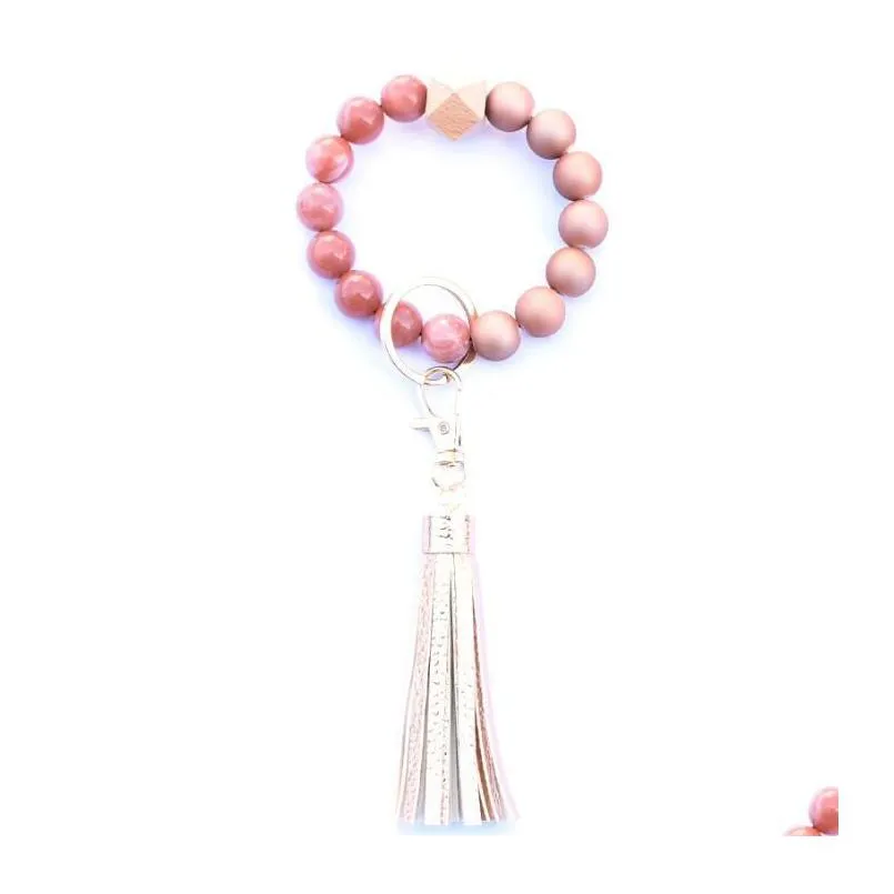 36 colors food grade acrylic beads tassels bracelet keychain wooden bead bracelets key ring pu tassel anti-lose keyring