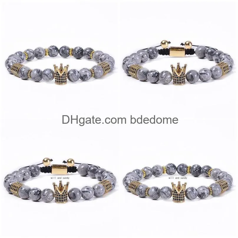 copper zircon diamond crown bracelets natural map stone beads strand bracelet braided cuff for women men fashion jewelry will and