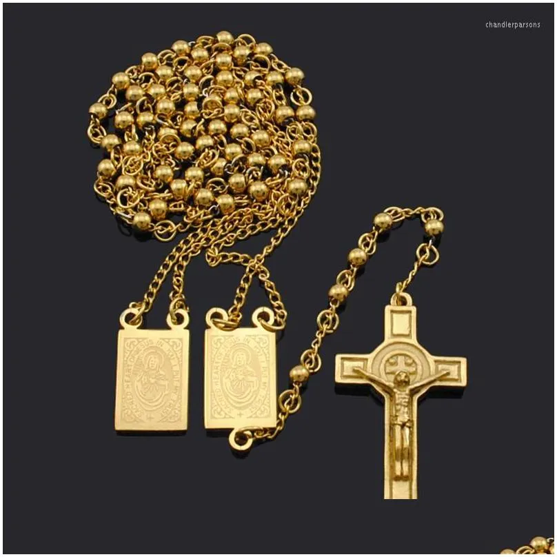 Pendant Necklaces ATGO Rosary Beads Jesus Cross Religious Stainless Steel Necklace Womens Mens Chain For Men BRN18