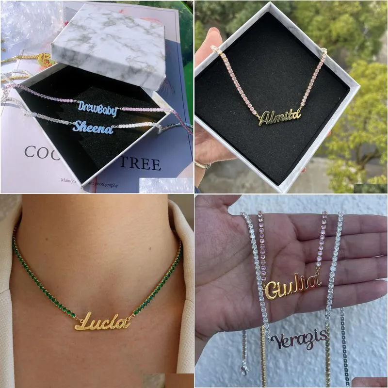 pendant necklaces fashion custom name necklace personlized letters zircon chain glittering stainless steel choker jewelry for women