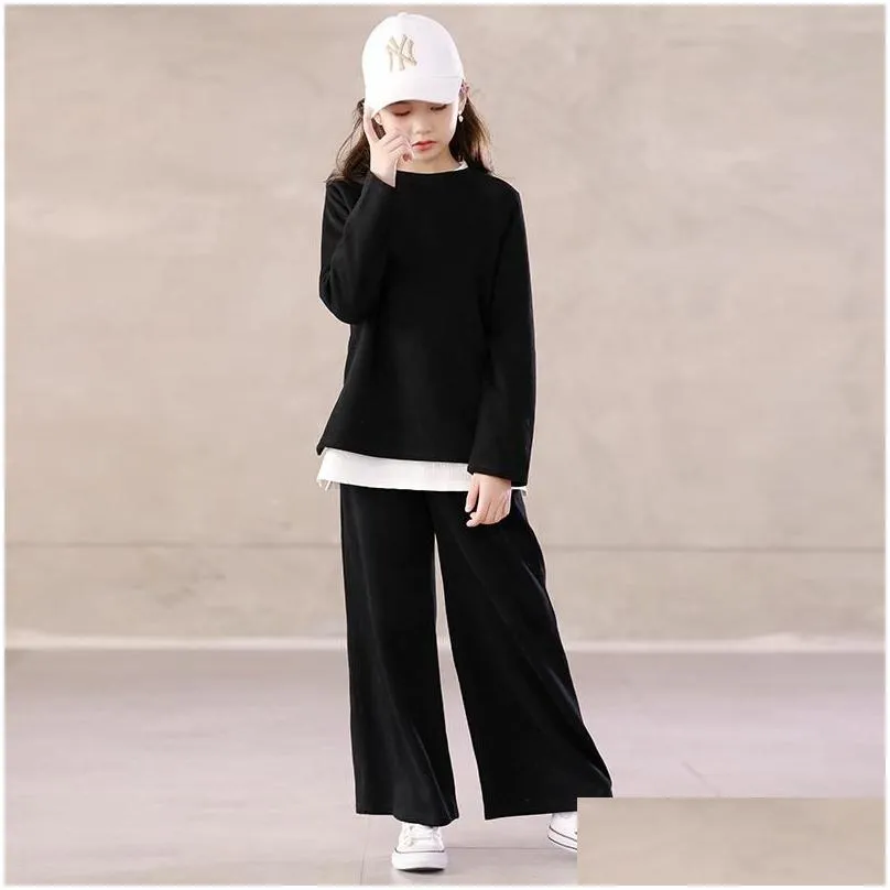 Clothing Sets Teen Girls Set 2021 Spring Loose Long Sleeve T-shirt Wide Leg Pants 2 Pcs Suit For Kids Tracksuit 14 Y Children Outfits