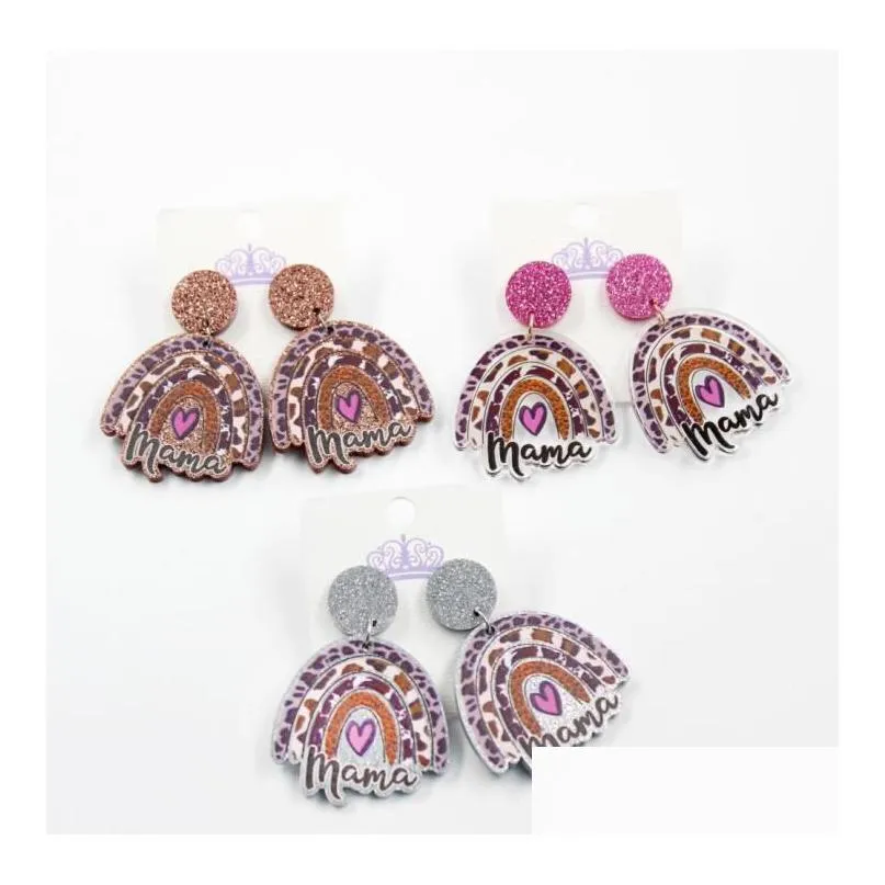 colorful acrylic rainbow mama earrings stud charm with hollow flower heart hoop earrings for mother`s day gift jewelry