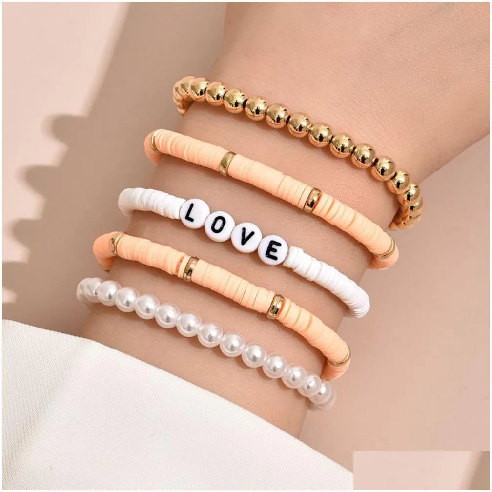 charm bracelets colorful stackable love letter for women soft clay pottery layering friendship beads chain bangle boho jewelry gift