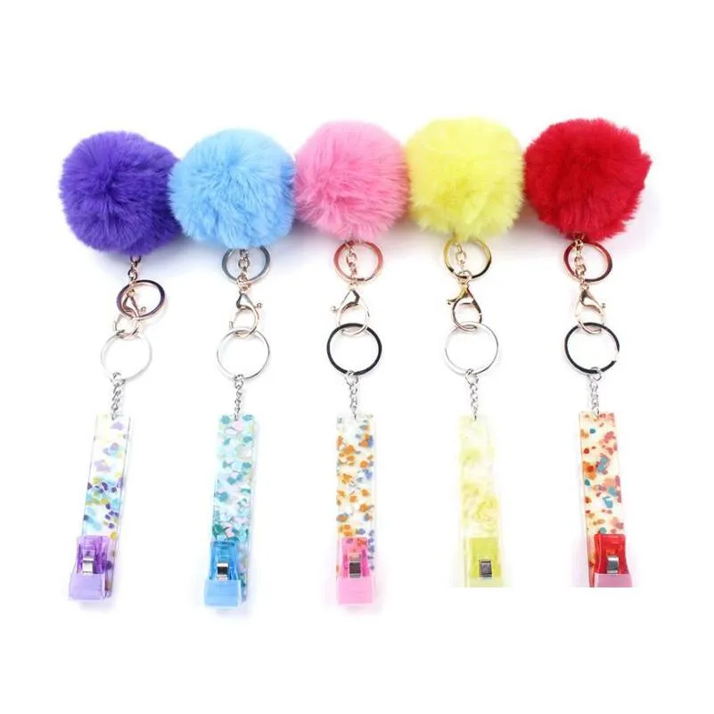 19 colors fashion credit card puller pompom keychains acrylic debit bank c ard grabber long nail atm keychain cards clip nails key