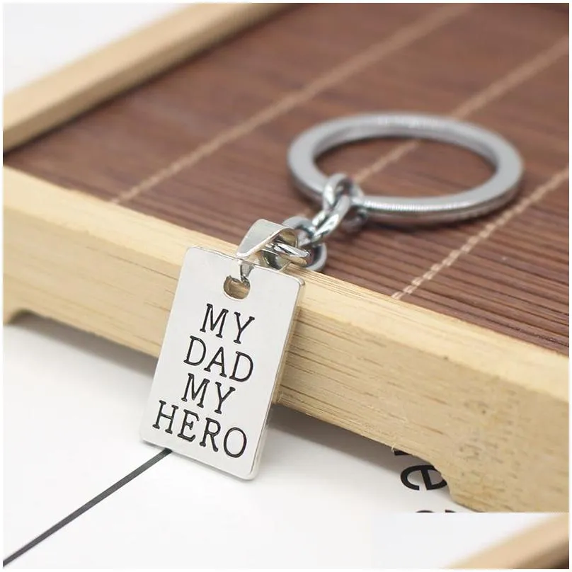 Silver Plated Creative Carved My Dad My Hero Letters Pendant Keychain Key Rings Car Keychains Father`s Day Gift