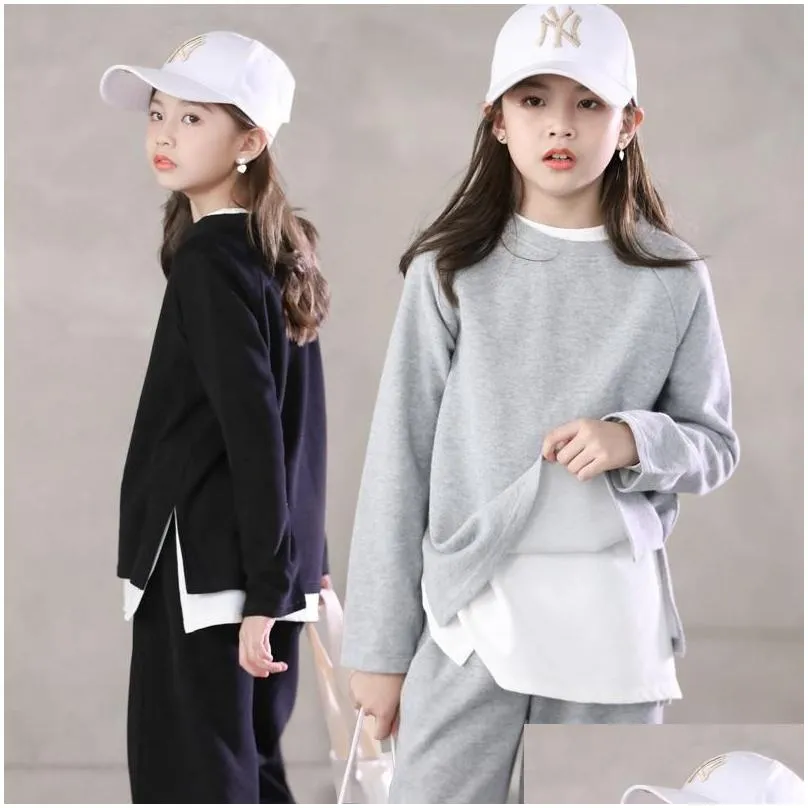 Clothing Sets Teen Girls Set 2021 Spring Loose Long Sleeve T-shirt Wide Leg Pants 2 Pcs Suit For Kids Tracksuit 14 Y Children Outfits