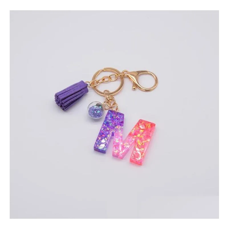 fashion resin flash pink 26 letter keychains clash color mosaic tassel pendant purple glue english word keychain