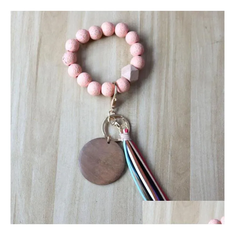 fashion wooden beads bracelet craft carved keychain blank disc tassel keyring pendant multi-color bag decorative keyrings