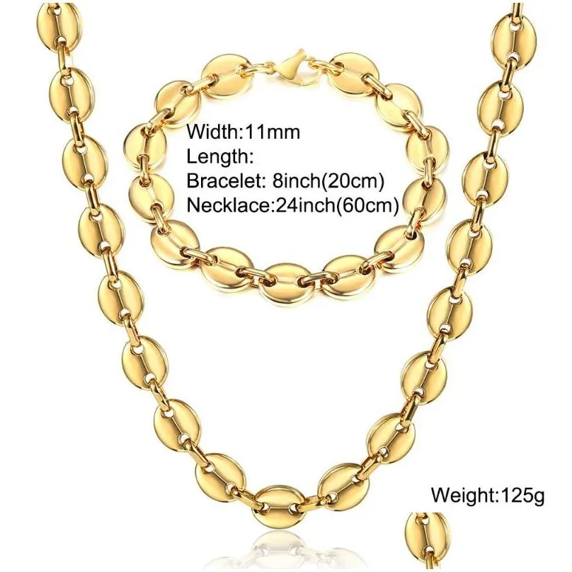 Earrings & Necklace Stainless Steel Coffee Beans Bracelet Set For Men Women 7/9/11mm Gold Color Marina Link Chain Jewelry Sets LKS252