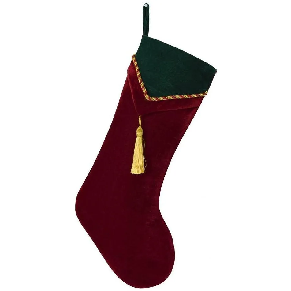 Red Green Velvet Stocking with tassel decoration Socks Christmas stocking New arrvial Set of 2 pcs266F