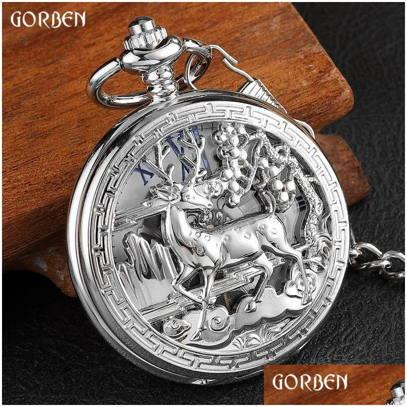 2021 Gold Clock Flower Deer Carving Design Mechanical Pocket Watch FOB Waist Chain Skeleton Hollow Steampunk Men