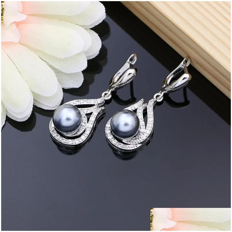 gray pearl bridal jewelry sets drop earrings with cz stone 925 silver women ring necklace set