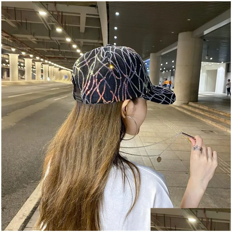 ball cap thin embroidery sequins lace hollow mesh adjustable sun curved eaves baseball cap sport sunscreen perform dance hat w86
