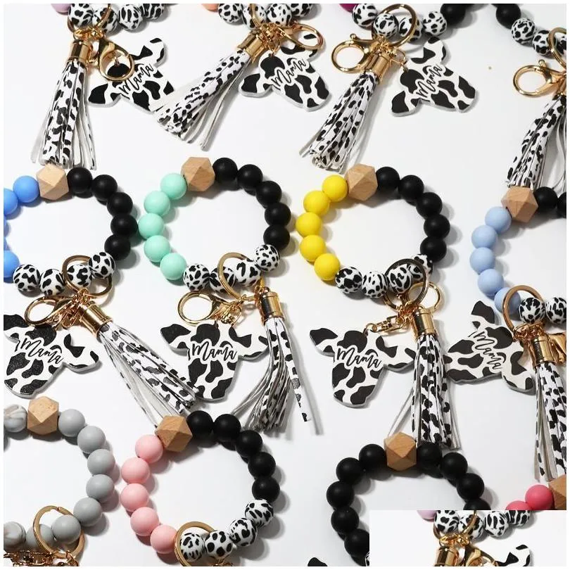 party silicone cursive cow bead bracelet wood disk bracelet keychain cow tassel ox head wrist key ring charm pendant accessory fy3450