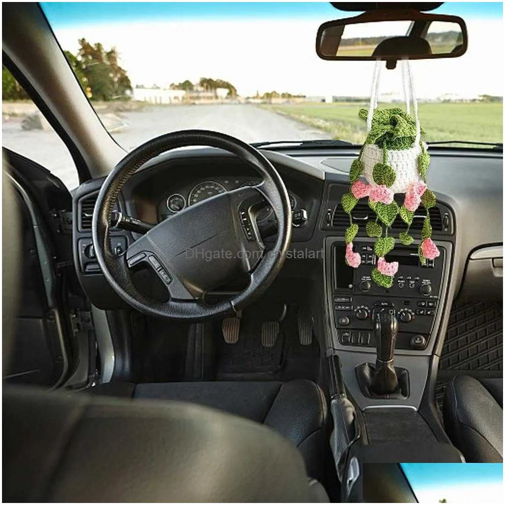 car mounted rearview mirror simulation green  potted decoration car plant crochet hanging basket hanging plant for car w3d1