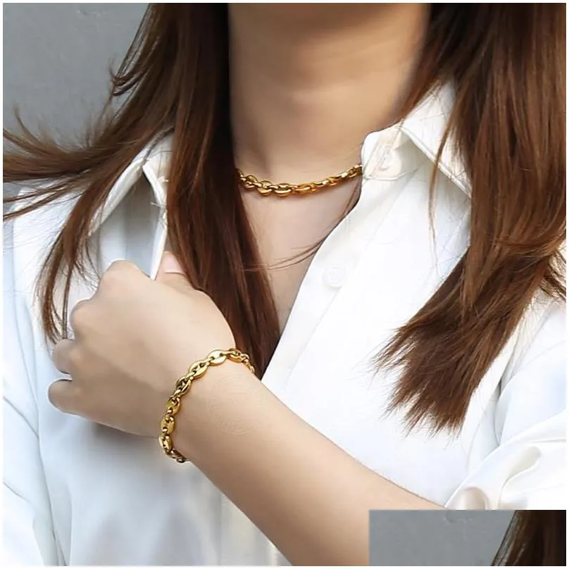 Earrings & Necklace Stainless Steel Coffee Beans Bracelet Set For Men Women 7/9/11mm Gold Color Marina Link Chain Jewelry Sets LKS252