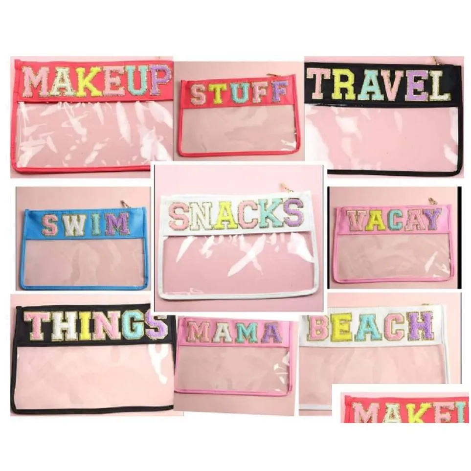 Embroidery Letters Clear Flat Nylon Pouch Bag Accessories Portable Waterproof With Metal Zipper Pouches Cosmetic Bags Storage Case For Party
