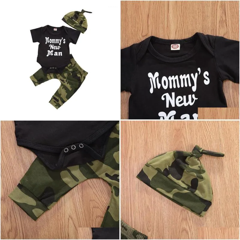 0-12M Toddler Baby Boy Summer Outfits Clothes Casual Letter Bodysuit+Camo Pants+Hat 3Pcs Newborn Baby Boy Cotton Sets1