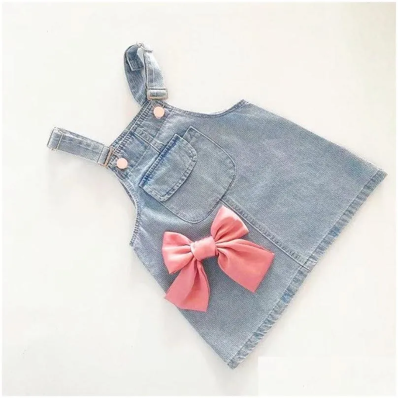 Summer Girls` Suit Bowknot Denim Strap Dress Baby Fashion Puff Sleeve Shirt Sweet Set Children`s Toddler Clothing Girl`s Dresses