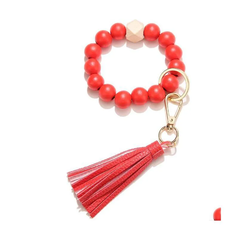5 colors fashion pure color pattern wood beads bracelets keychains wrap tassels bracelet keychain round bangle keyring by dhl