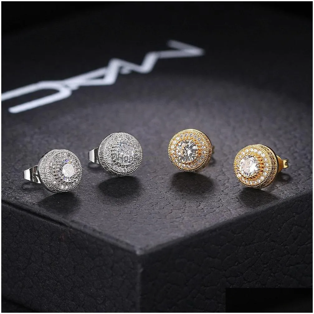 mens hip hop earrings jewelry gold silver iced out cz stone stud earrings