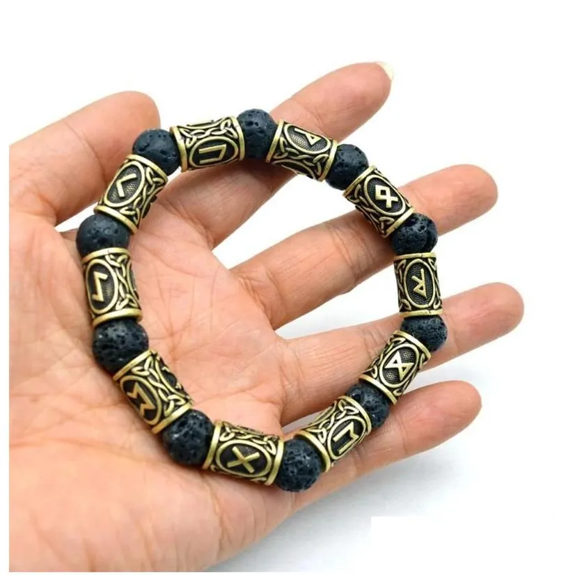 Charm Bracelets Natural Black Bracelet Trendy Retro Alloy  Rune Lava Stone Beads For Men Women Bangle Jewelry Personality