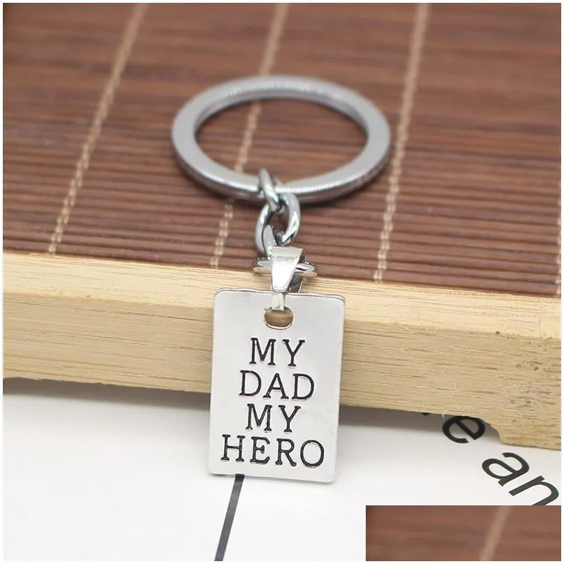 Silver Plated Creative Carved My Dad My Hero Letters Pendant Keychain Key Rings Car Keychains Father`s Day Gift