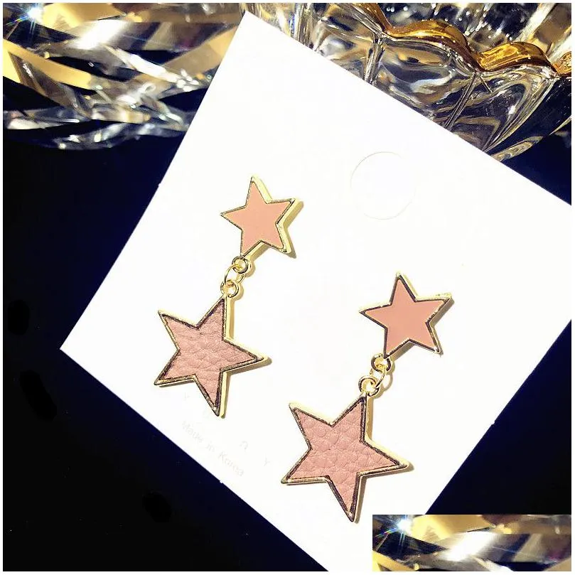 5 colours star pendant charm earrings leather face color cut up and down double-deck holiday gifts are simple and elegant